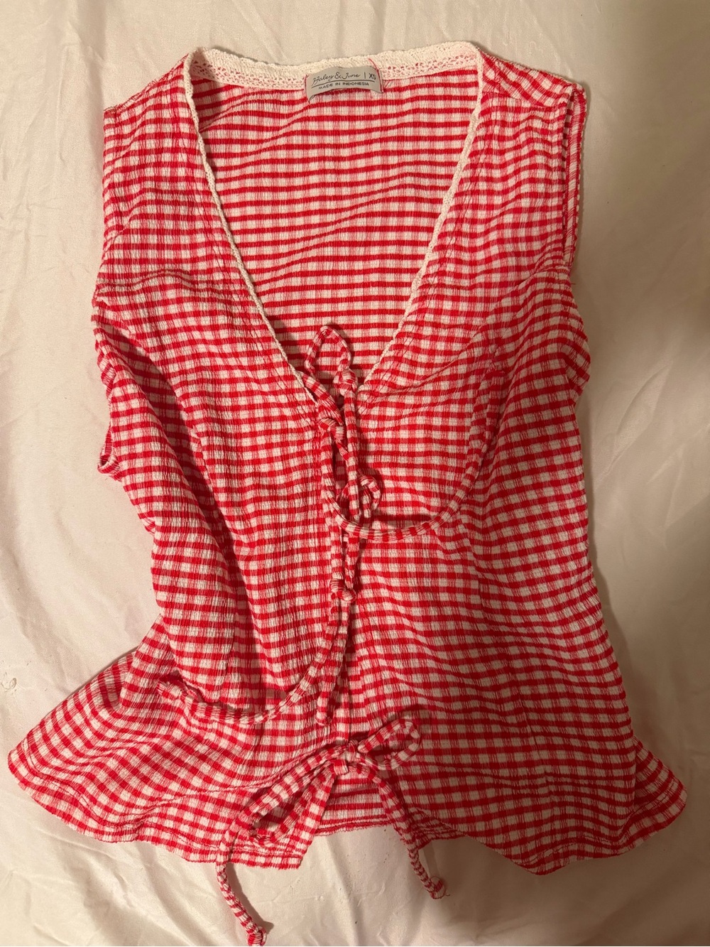Sleeveless Red Check Tie-Front Top